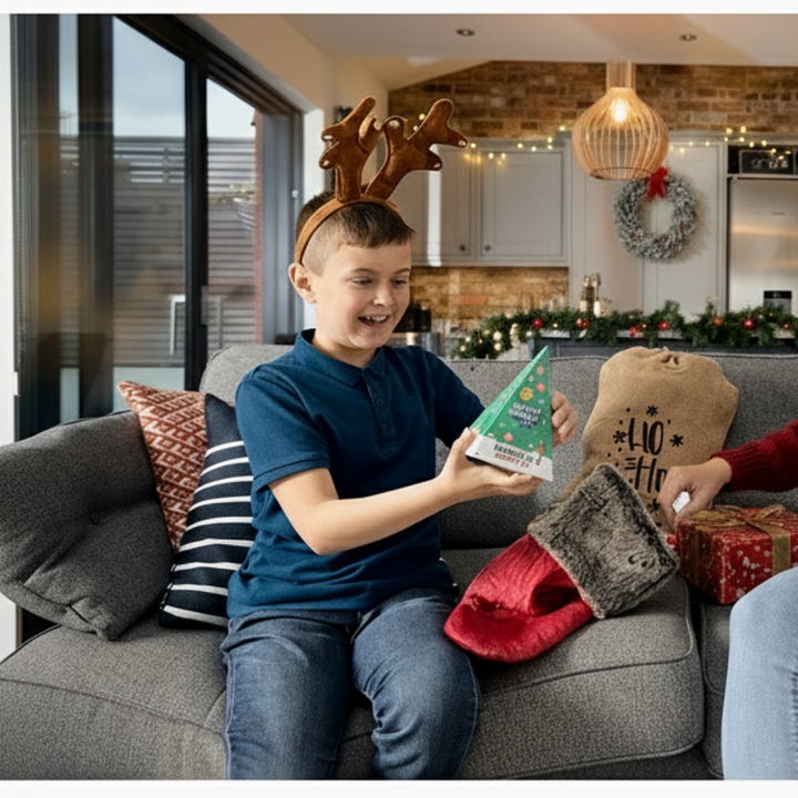 Child holding a Christmas novelty gift, ideal as a stocking filler.